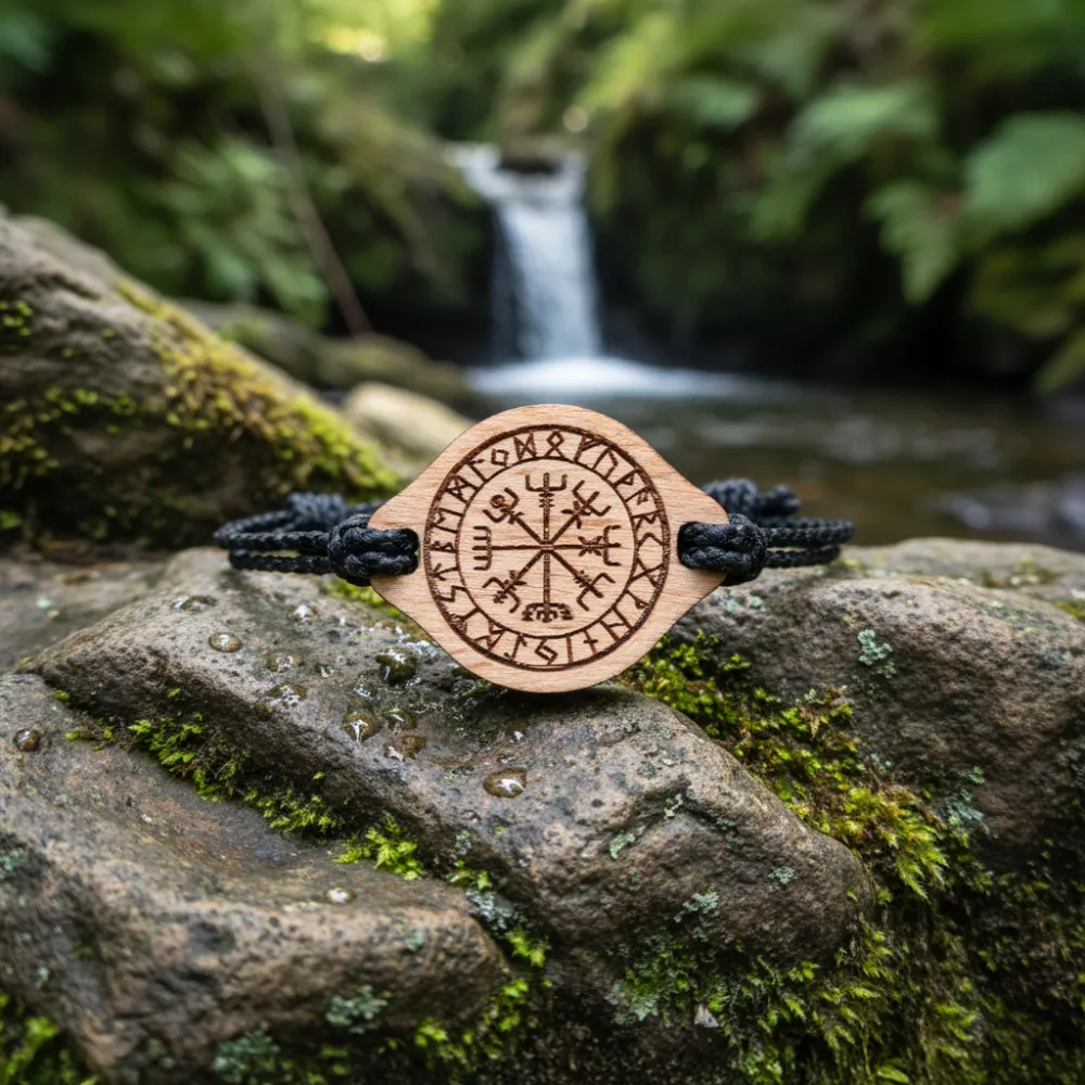 Bracelet en bois Viking Vegvisir avec rune gravée, cordon noir tressé, posé sur pierre mouillée couverte de mousse avec cascade naturelle en arrière-plan