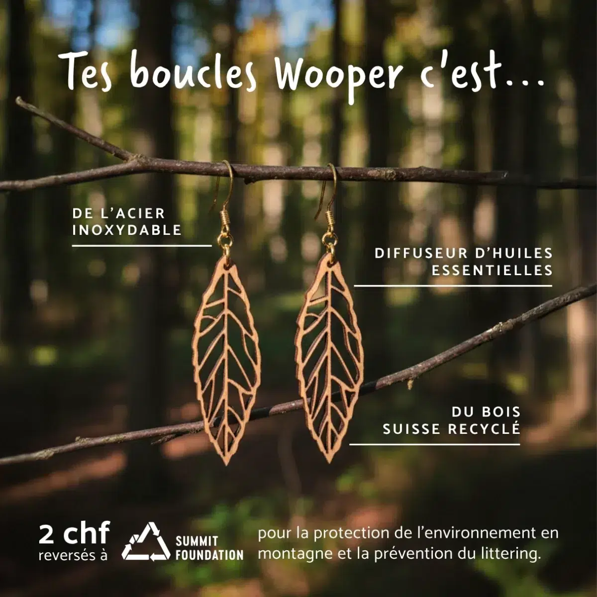 Affiche marketing Wooper présentant les avantages des boucles d'oreilles Ekinox : acier inoxydable, diffuseur d'huiles essentielles, bois suisse recyclé avec engagement environnemental Summit Foundation
