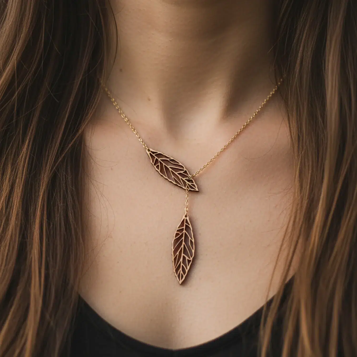 Collier Ekinox en bois avec pendentifs feuilles en bois suisse sur chaîne dorée, porté sur la poitrine d'une femme avec cheveux bruns