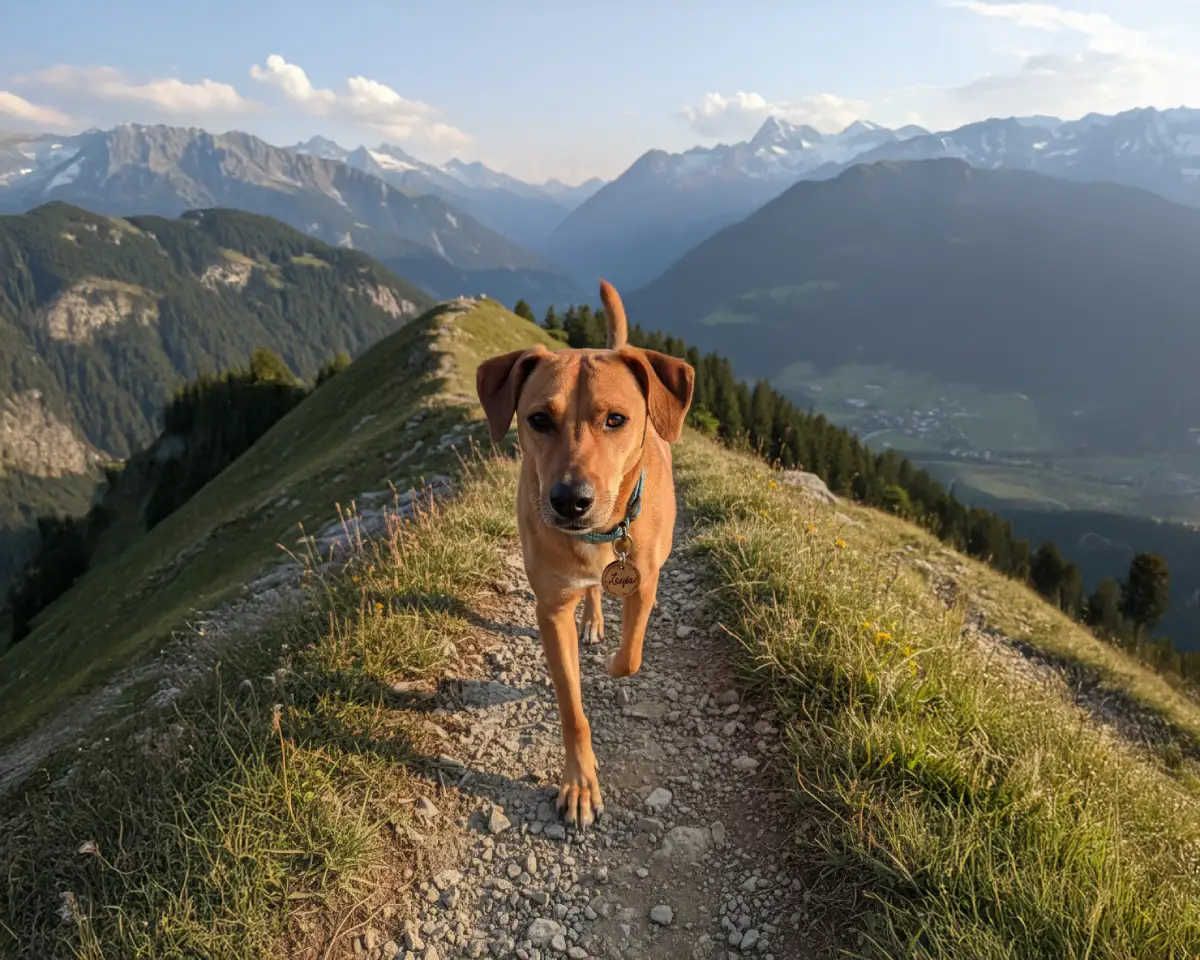 Un chien marchant sur un sentier avec sa médaille pour animaux wooper.