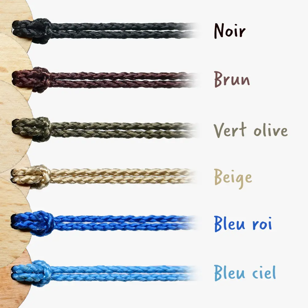 Cordons-remplacement Guide des options de cordons avec six variations de couleur : Noir, Brun, Vert olive, Beige, Bleu roi, Bleu ciel