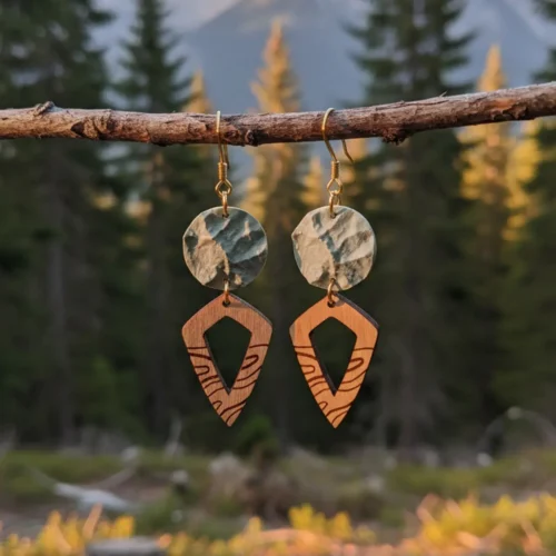 Boucles d'oreilles Peaks avec pendentifs gris au relief de montagnes imprimées en 3D dans du plastique recyclé et pendentifs en bois suisse pointus, sur branche naturelle avec arbres sapins et paysage montagneux flou en arrière-plan